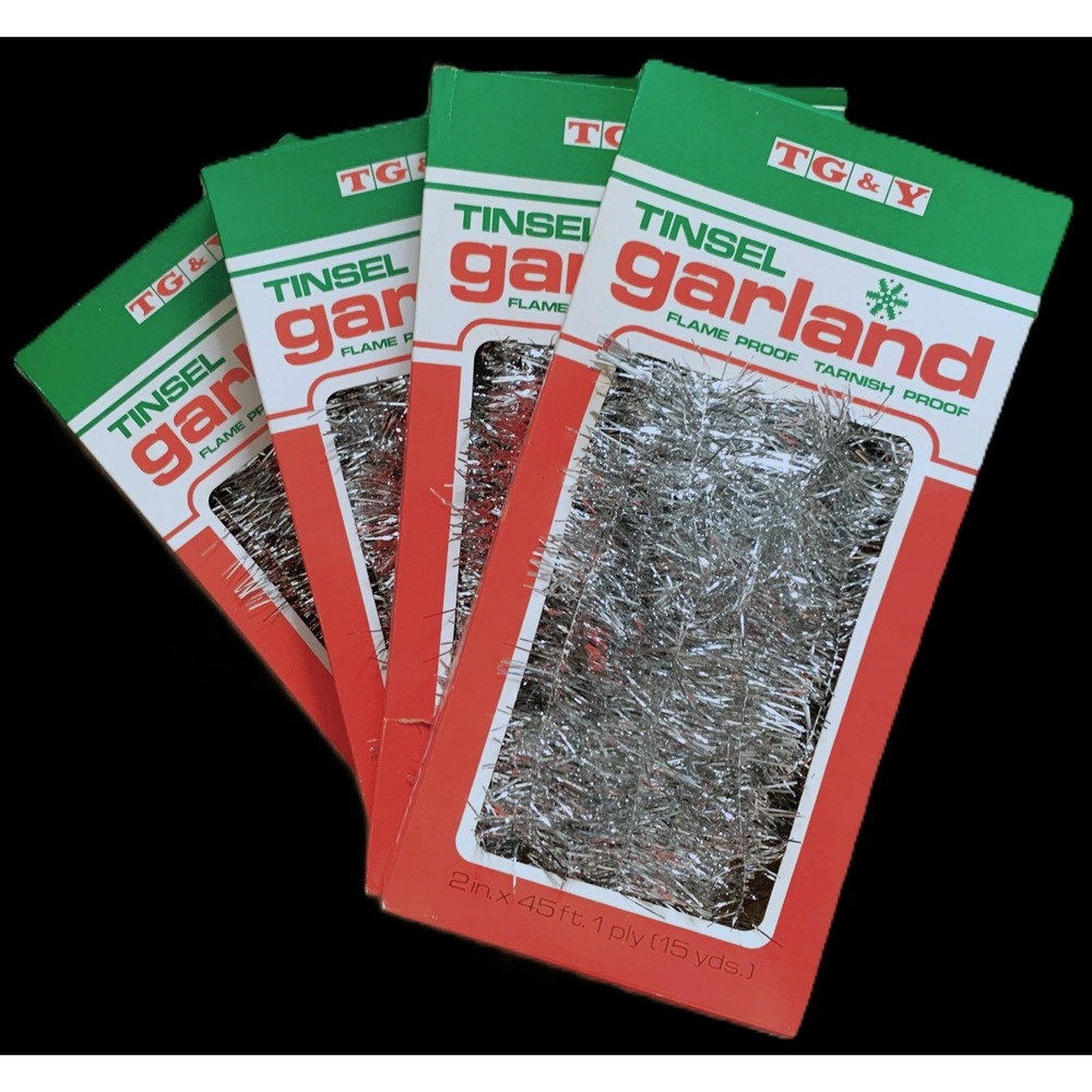 4 Silver Christmas Tree Tinsel Garland NOS Boxes Flameproof/USA Vtg TG&Y 180 ft